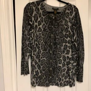Philosophy Dame Lewis button down cardigan with black and grey animal print.